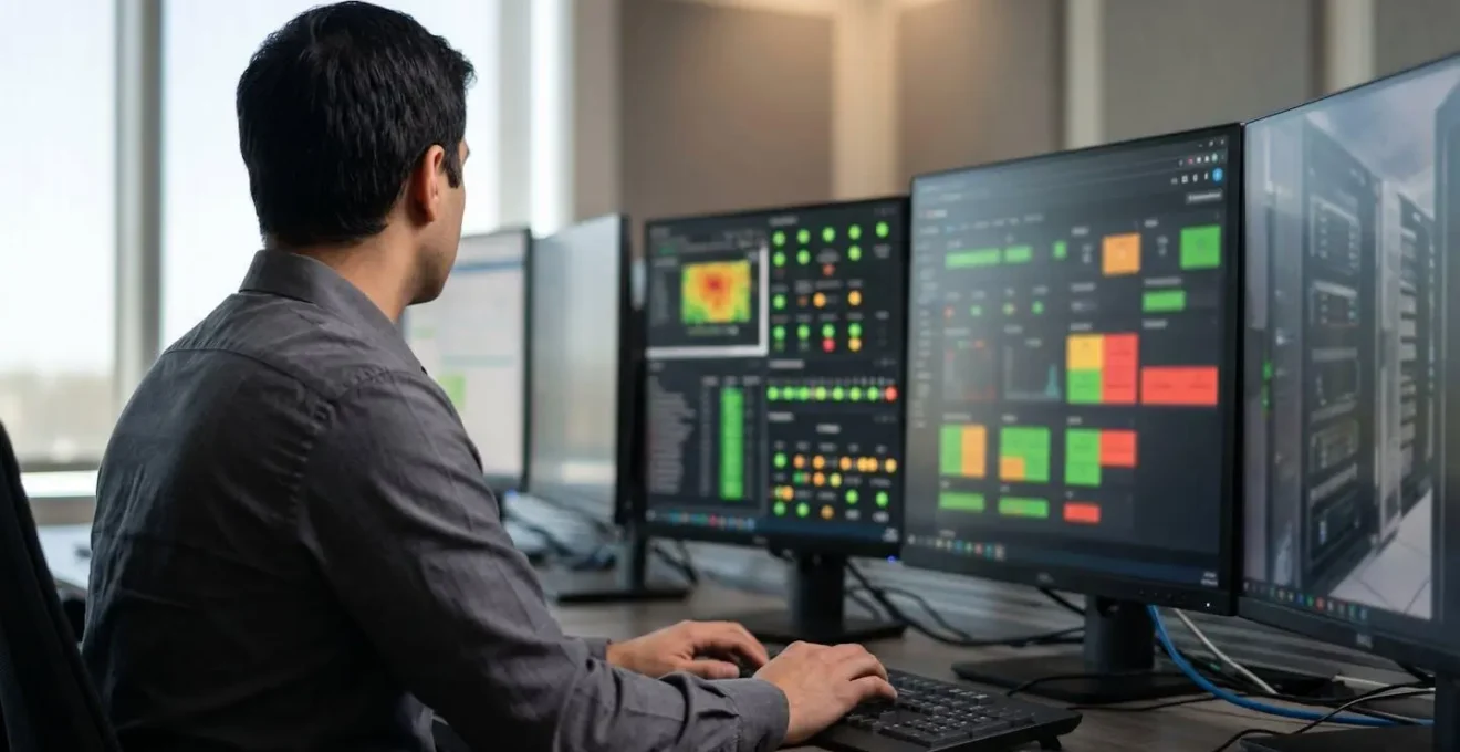 Système de monitoring avec plusieurs écrans de surveillance montrant l'état des serveurs