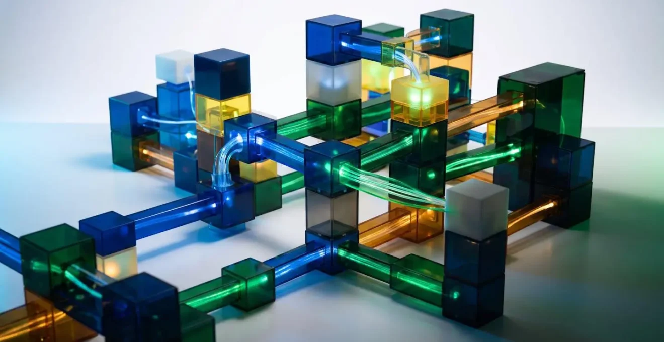 Vue d'ensemble d'une architecture modulaire de scripts avec interconnexions visuelles
