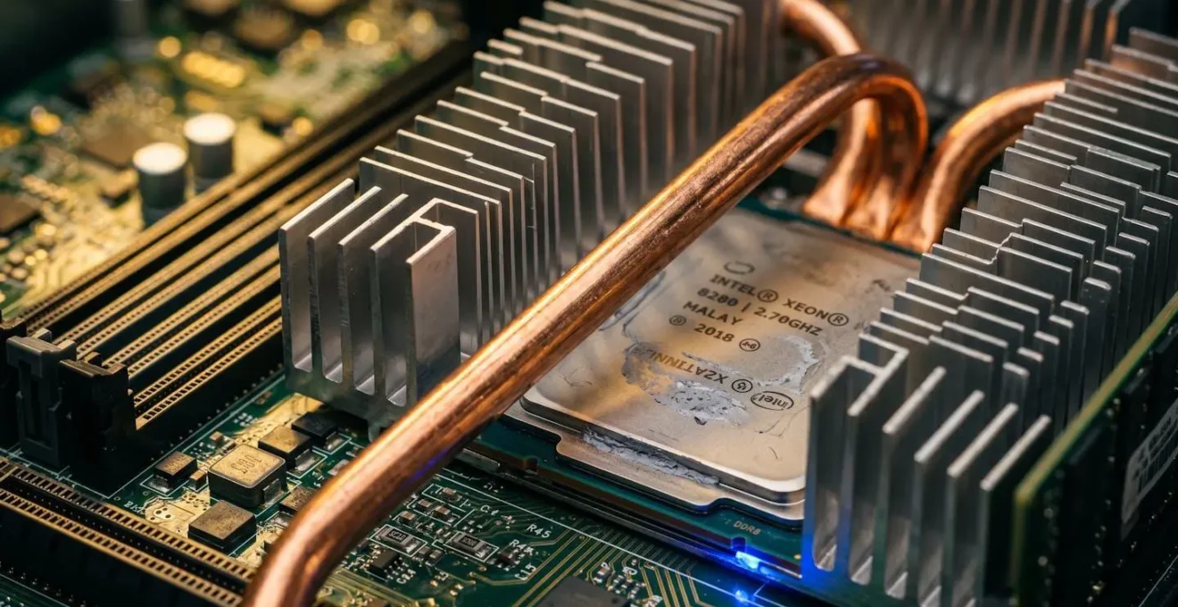 Vue macro de composants serveur optimisés montrant circuits et connexions