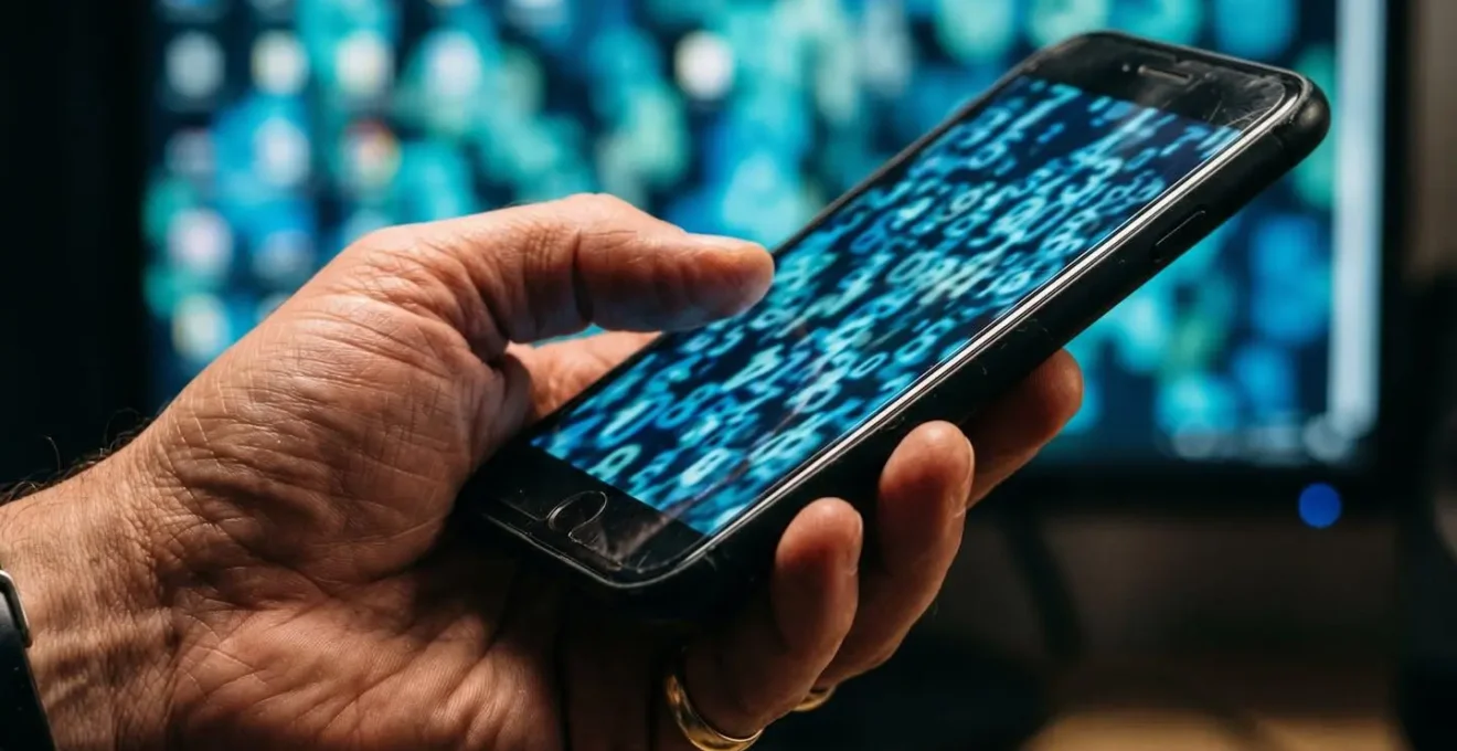 Gros plan sur une main tenant un smartphone affichant un code numérique flou tandis qu'un écran d'ordinateur montre le même nombre en arrière-plan défocalisé