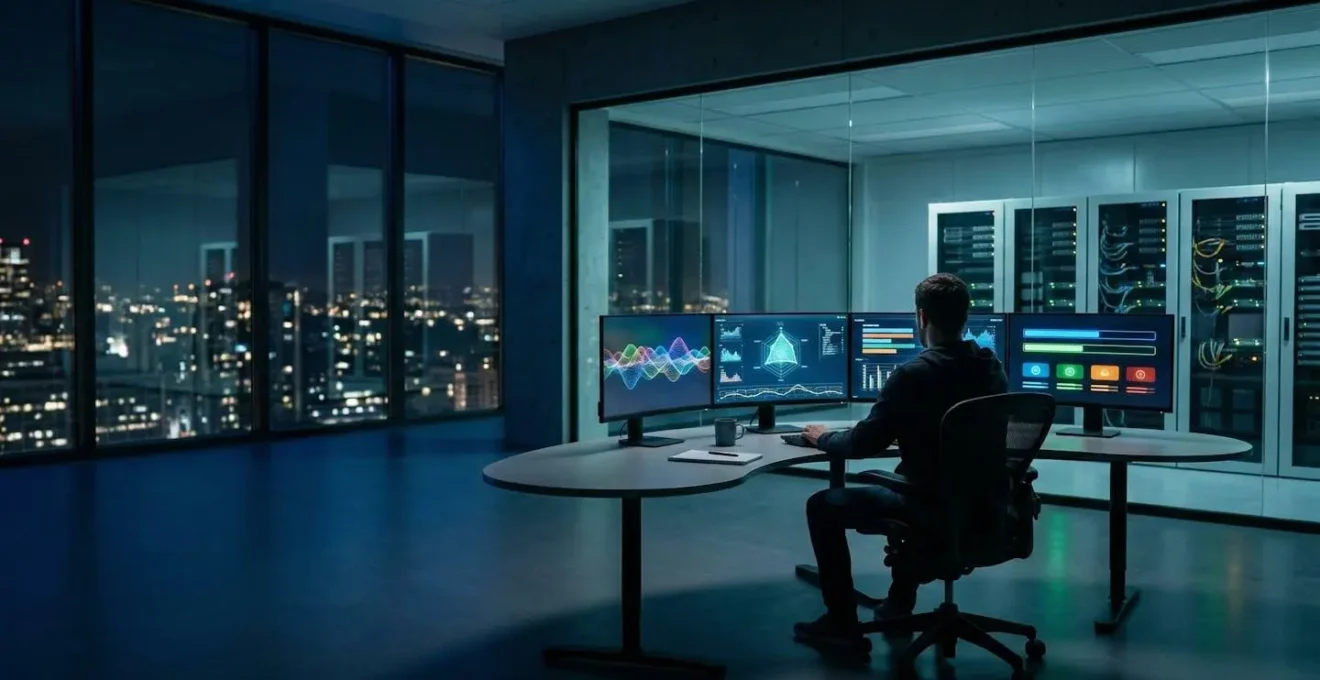 Centre de contrôle informatique avec multiples écrans affichant des graphiques de monitoring et un administrateur système veillant sur les opérations automatisées