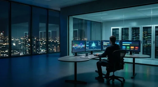 Centre de contrôle informatique avec multiples écrans affichant des graphiques de monitoring et un administrateur système veillant sur les opérations automatisées