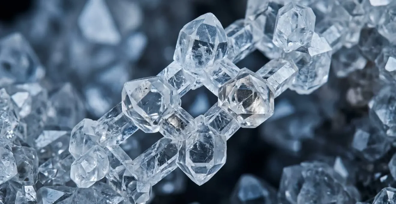 Vue macro de structures cristallines évoquant l'immuabilité et la sécurité des données
