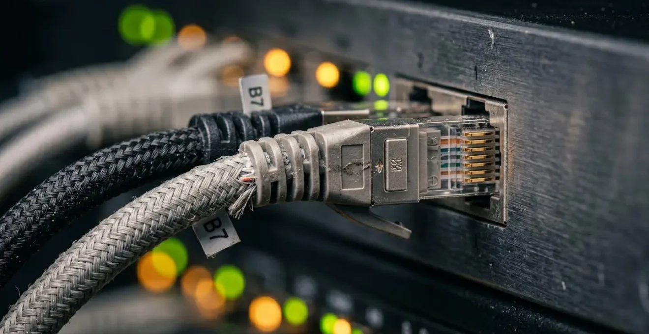 Gros plan macro sur une sonde réseau IDS avec câbles ethernet connectés