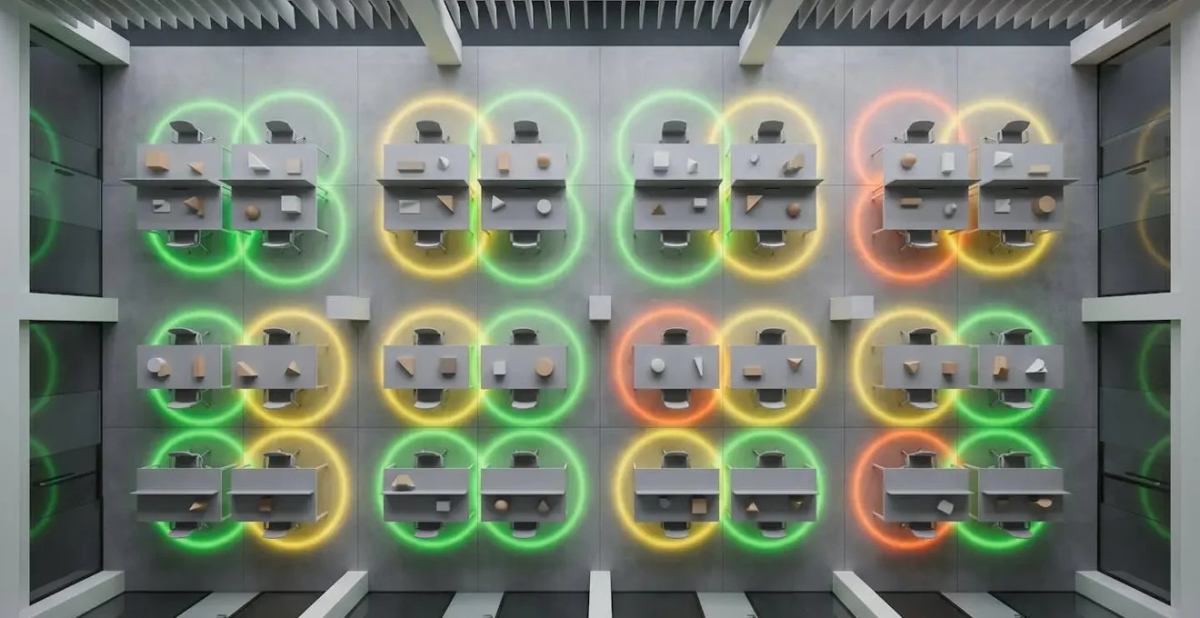 Vue aérienne d'un open space moderne avec des halos lumineux colorés autour de chaque poste de travail représentant différents niveaux de confiance