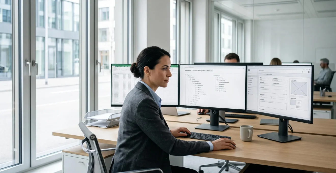 Un architecte de données travaille sur l'organisation d'un référentiel produit dans un bureau contemporain, avec des écrans affichant des taxonomies structurées et des attributs produit organisés.