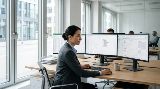 Un architecte de données travaille sur l'organisation d'un référentiel produit dans un bureau contemporain, avec des écrans affichant des taxonomies structurées et des attributs produit organisés.
