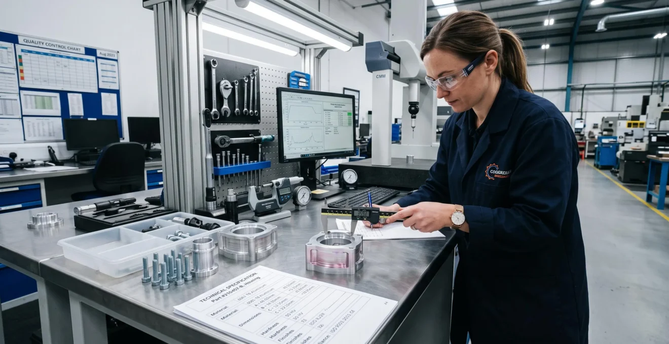Laboratoire qualité industriel avec des produits techniques et leurs fiches de spécifications détaillées, illustrant la complexité des données techniques à gérer.