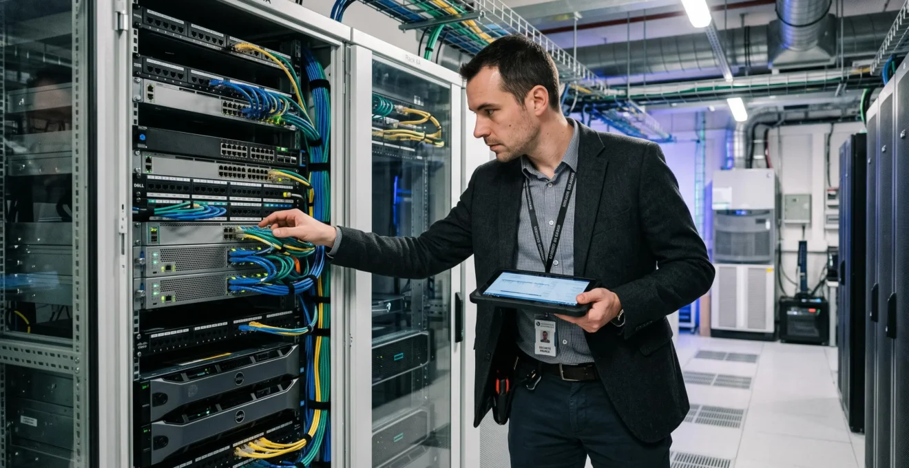 Auditeur cybersécurité inspectant une baie de serveurs avec une tablette dans une salle technique d'entreprise