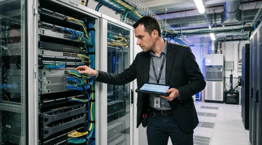 Auditeur cybersécurité inspectant une baie de serveurs avec une tablette dans une salle technique d'entreprise