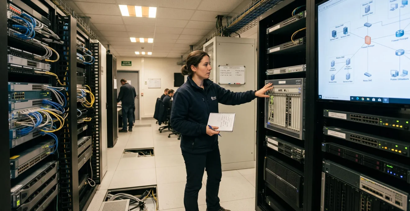 Ingénieur réseau examinant un firewall physique et la topologie réseau dans une salle d'opérations technique