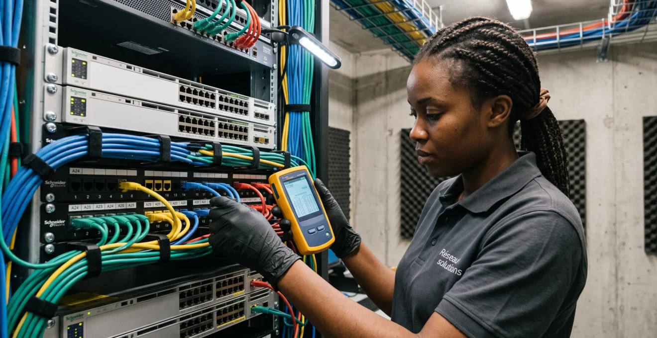 Technicien réseau vérifiant les connexions d'un panneau de brassage avec un testeur de câbles