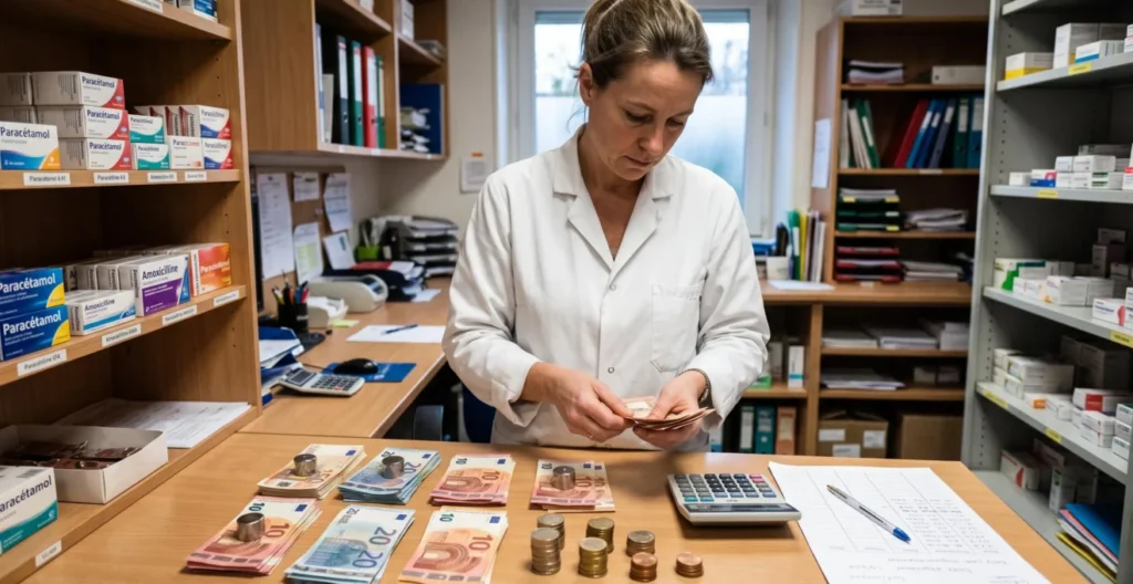 Pharmacien comptant manuellement des espèces en euros dans l'arrière-boutique d'une officine Pharmacien comptant manuellement des espèces en euros dans l'arrière-boutique d'une officine