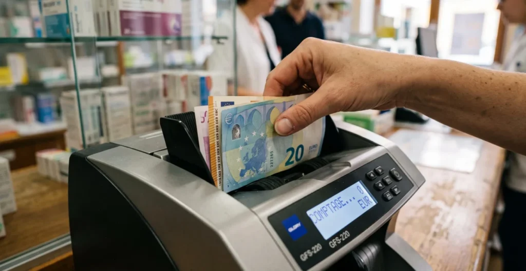 Gros plan sur une main de pharmacien insérant des billets euros dans un monnayeur automatique Gros plan sur une main de pharmacien insérant des billets euros dans un monnayeur automatique