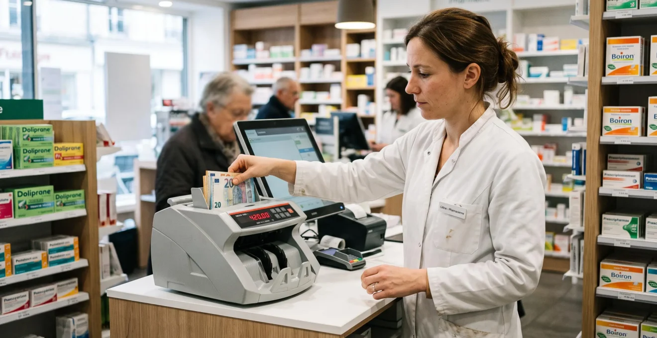 Pharmacien utilisant un monnayeur automatique au comptoir d'une officine française moderne