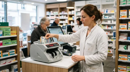Pharmacien utilisant un monnayeur automatique au comptoir d'une officine française moderne